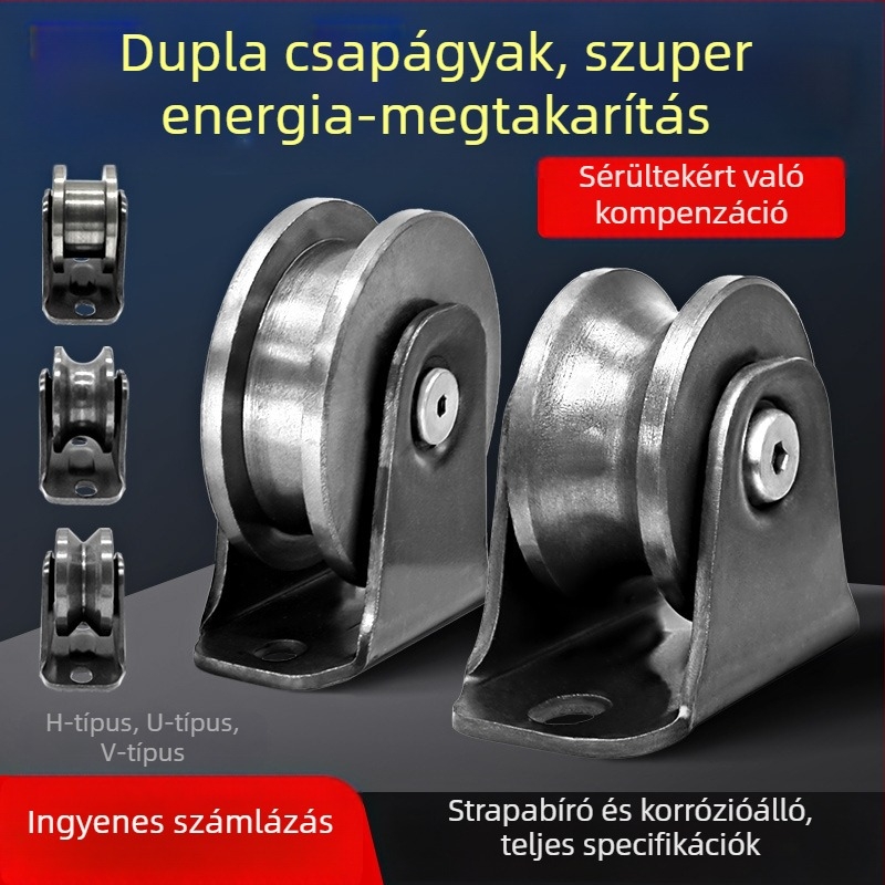 Csúszóajtó sarokkerék — nehéz vasból készült, V-, H- és U-formájú görgők és vezető horony