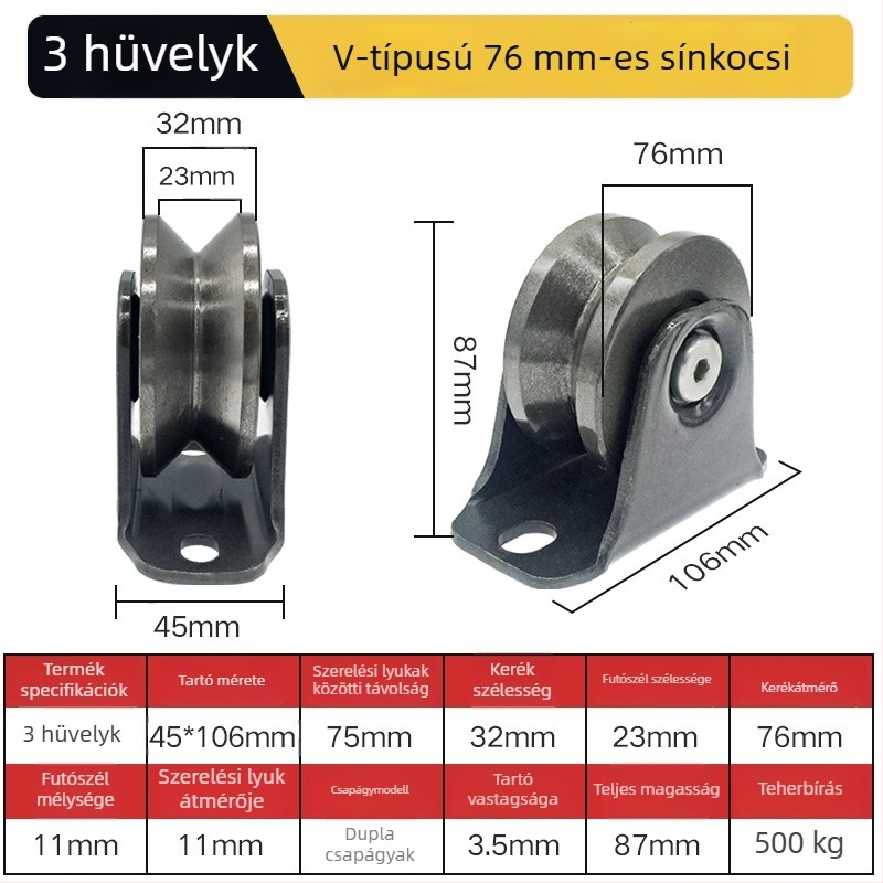 Csúszóajtó sarokkerék — nehéz vasból készült, V-, H- és U-formájú görgők és vezető horony