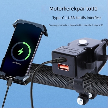Motorkerékpár két USB-portos töltő, gyors töltési protokoll és vízálló kapcsoló