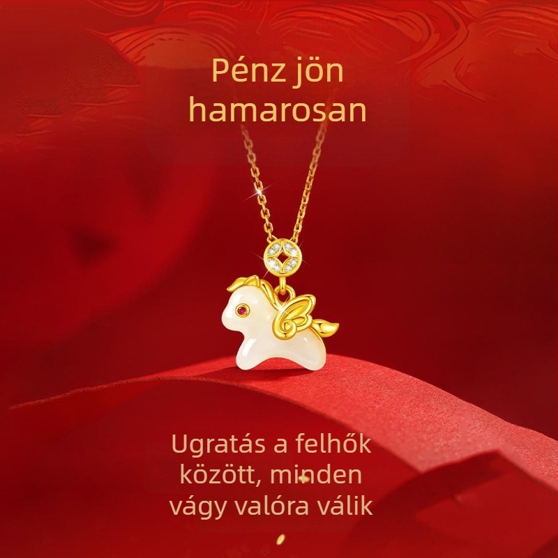 925 ezüst nyaklánc Hetian jade medállal, Pegazus alak, kereszt lánccal, nőknek