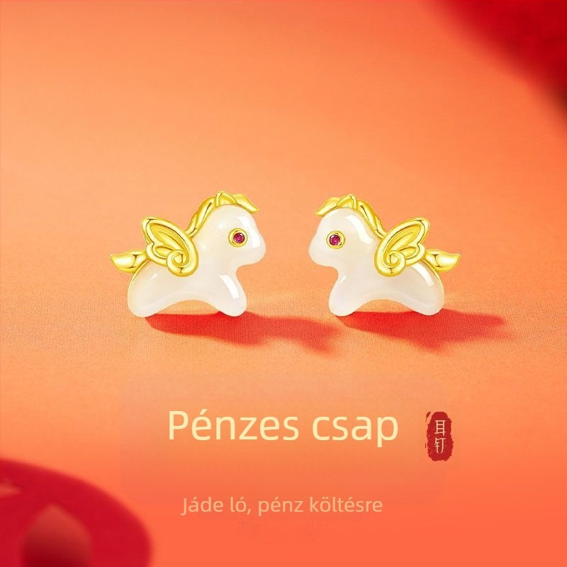 925 ezüst nyaklánc Hetian jade medállal, Pegazus alak, kereszt lánccal, nőknek