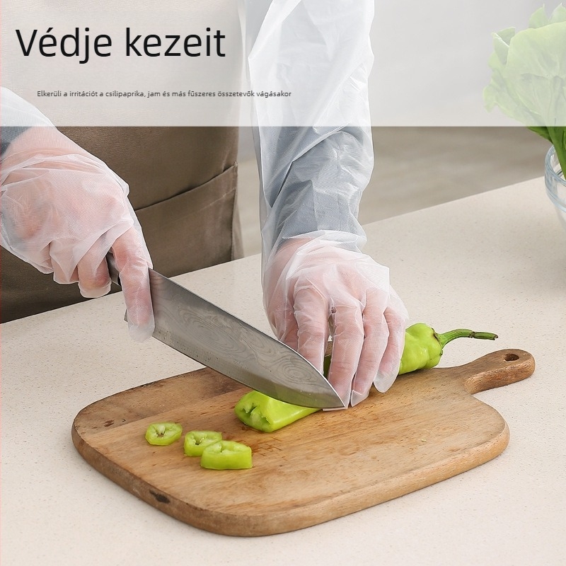 Elhasználható kesztyűk, hosszú ujjú konyhai kesztyűk mosogatáshoz és zöldségekhez, átlátszó, CPE, közepes vastagság, 100 db csomagban