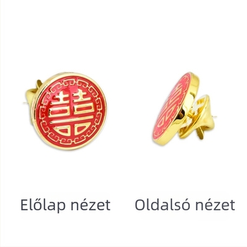 Nyakkendő-klip és mandzsettagombok készlet dupla boldogság motívummal, lézerlogóval; réz anyag, színblokkokból álló geometriai mintázat, elektroplatírozott felület