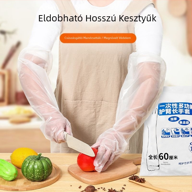 Egyszer használatos, vastagított hosszú kesztyű, rugalmas csuklópánttal, 60 cm-es vízálló kesztyű a konyhai takarításhoz