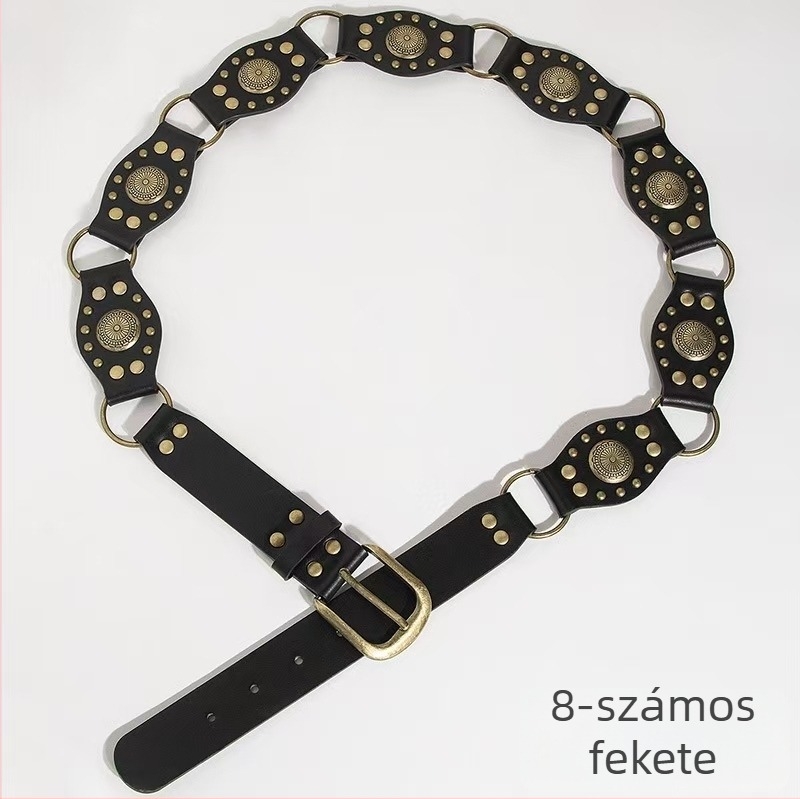 Bohem vintage derékszíj lánccal, PU pánt, ötvözet csattal, tűcsattal zárás, etnikus stil