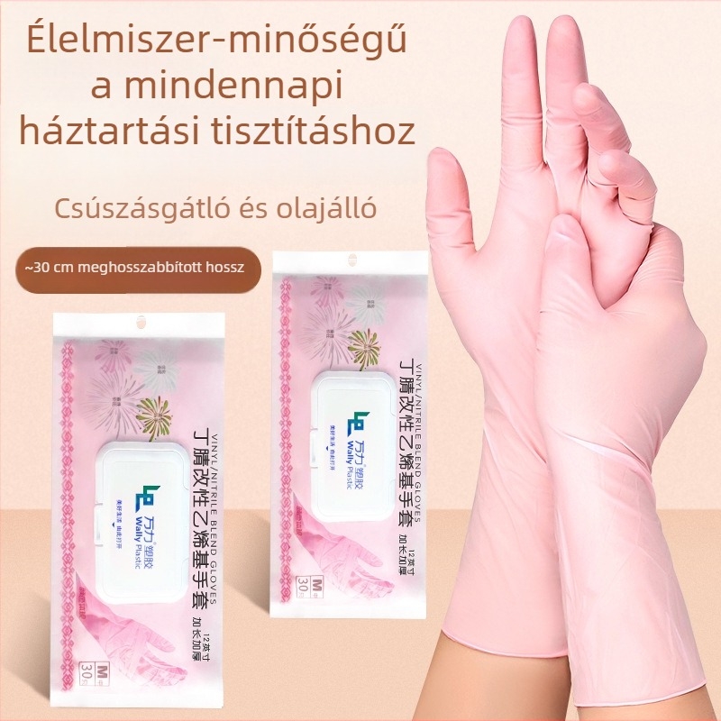 Egyszer használatos nitril kesztyűk, 12 hüvelyk hosszú, rózsaszín átlátszó, vastagabb, háztartási mosogatáshoz, élelmiszer-biztonsági minőség