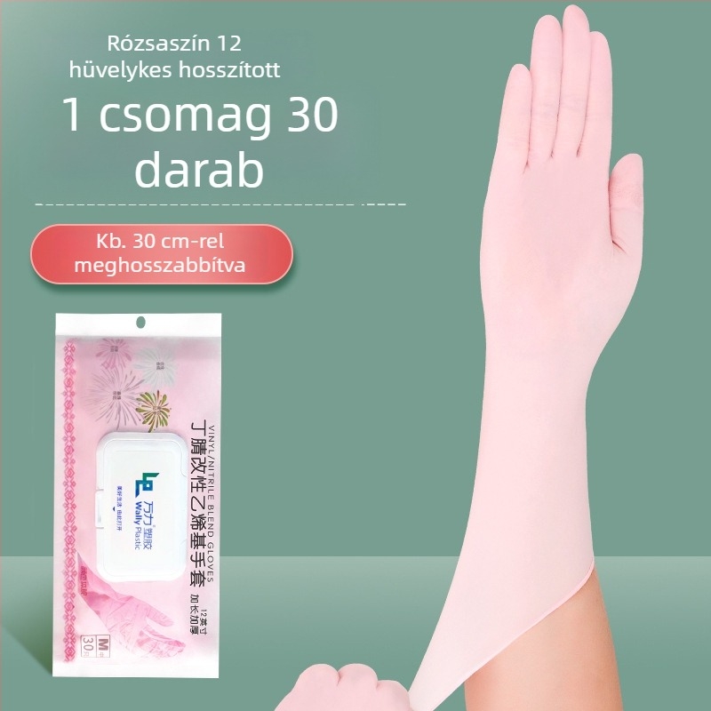 Egyszer használatos nitril kesztyűk, 12 hüvelyk hosszú, rózsaszín átlátszó, vastagabb, háztartási mosogatáshoz, élelmiszer-biztonsági minőség