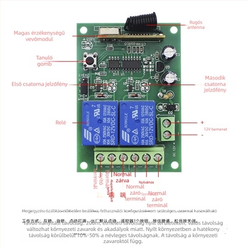 2–csatornás vezeték nélküli távirányítós kapcsoló 12V DC rendszerekhez: motor előre/hátra, szolenoid szelep, világítás és kapuvezérlés