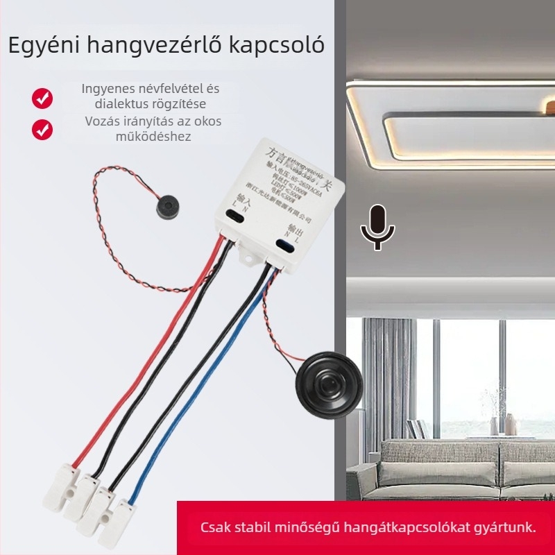 Hangvezérlésű kapcsoló, hálózat nélkül, 220V AC, CE, PE panel, élettartam 2.000.000 ciklus