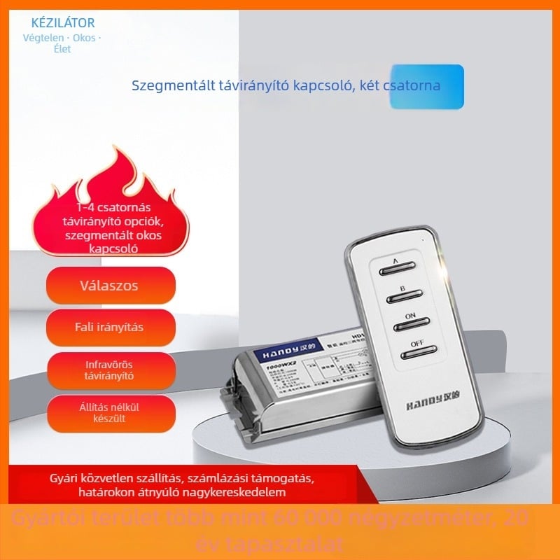 Kétirányú digitális szegmens kapcsoló világításhoz távirányítóval, vevőtávolság 20–30 m, működési hőmérséklet -10–85 °C, 3C tanúsítvány (tanúsítvány száma 2016010202911861)