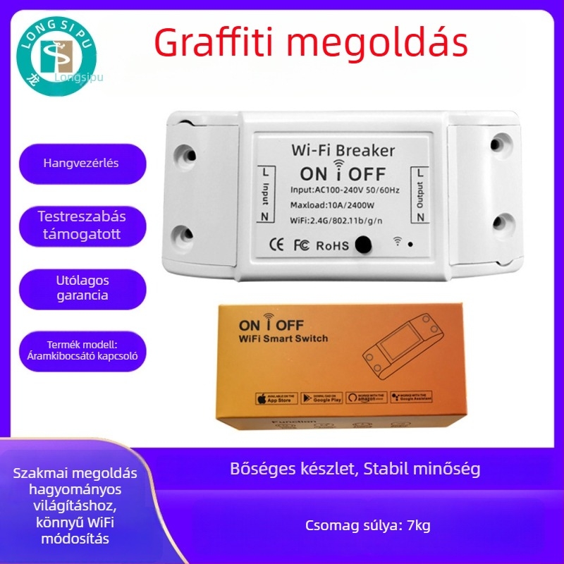 WiFi okos kapcsoló retrofit modul, App és hangvezérlés, 100-240 V AC, 10 A, PC tűzálló panel, rézlemez foszfor bronz