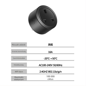 UK szabványú WiFi okos konnektor, alkalmazásvezérlés, 16A, 110-240V tartomány, 3500W, tömeg 84 g