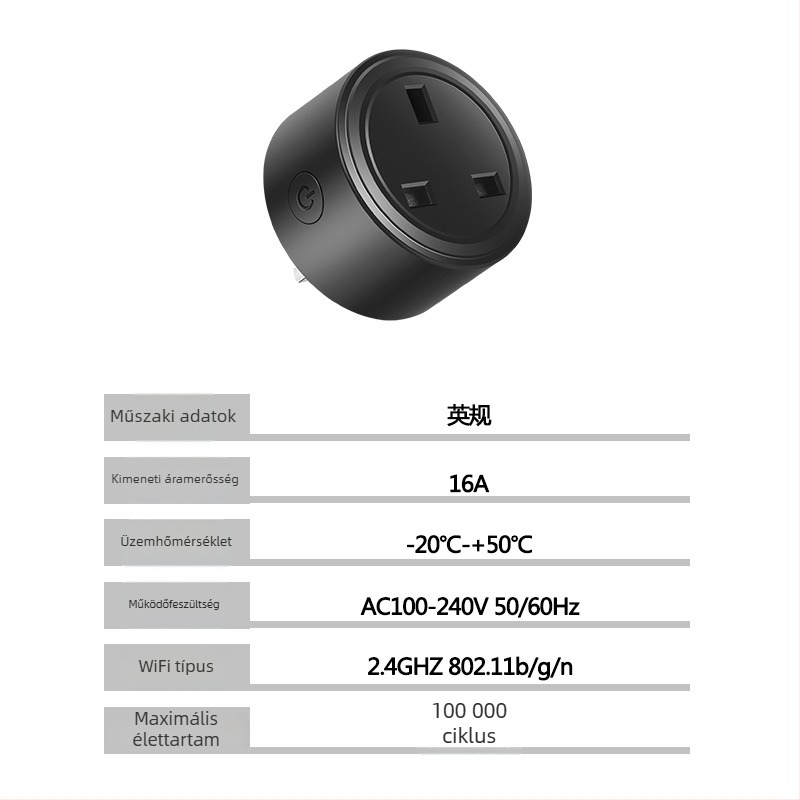 UK szabványú WiFi okos konnektor, alkalmazásvezérlés, 16A, 110-240V tartomány, 3500W, tömeg 84 g