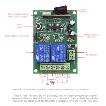 12V-os kétcsatornás motorkapcsoló előre-hátra mozgással garázsajtóhoz, 433MHz