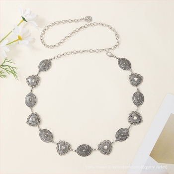 Uniszex fém derékszíj lánccal - retro szív mintával, hossz 100-105 cm, szélesség 2 cm, egylapos pánt, nemzeti stílus