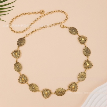 Uniszex fém derékszíj lánccal - retro szív mintával, hossz 100-105 cm, szélesség 2 cm, egylapos pánt, nemzeti stílus