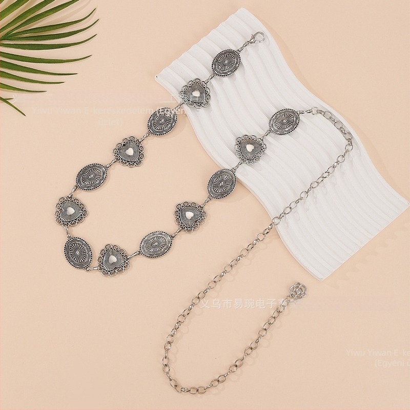 Uniszex fém derékszíj lánccal - retro szív mintával, hossz 100-105 cm, szélesség 2 cm, egylapos pánt, nemzeti stílus