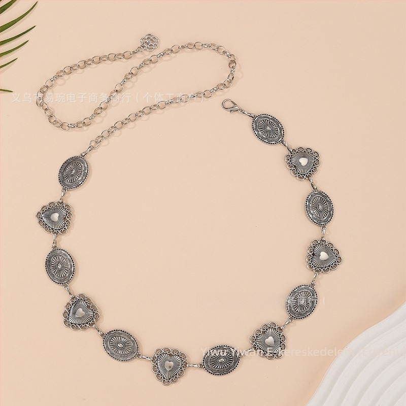 Uniszex fém derékszíj lánccal - retro szív mintával, hossz 100-105 cm, szélesség 2 cm, egylapos pánt, nemzeti stílus