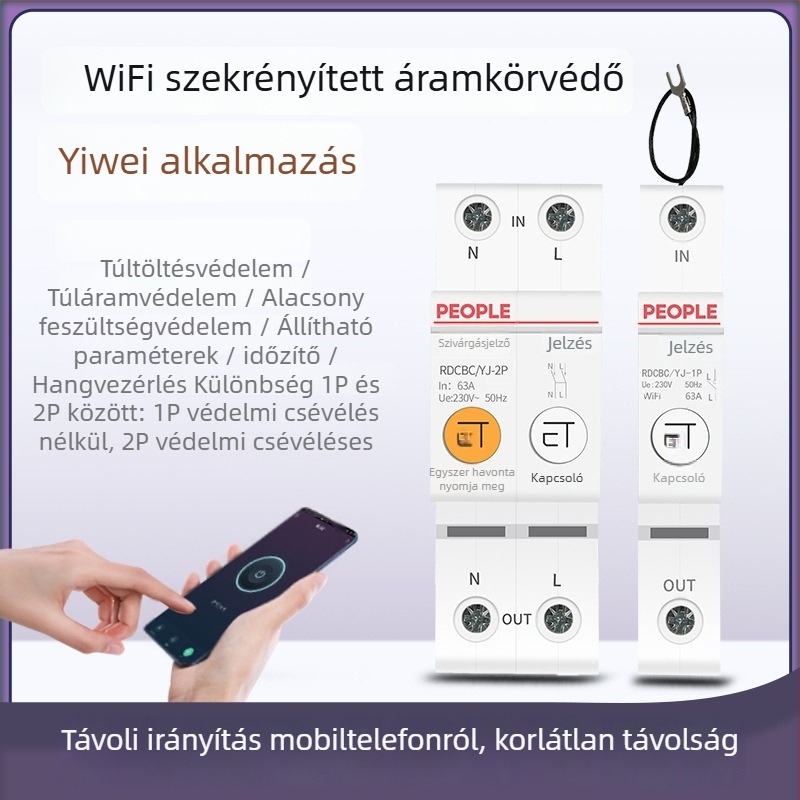 Okos WiFi áramkör-megszakító mobillal és időzítővel, távoli vezérléssel a mobiltelefonon keresztül, 220V AC, 63A, legfeljebb 15000W állítható