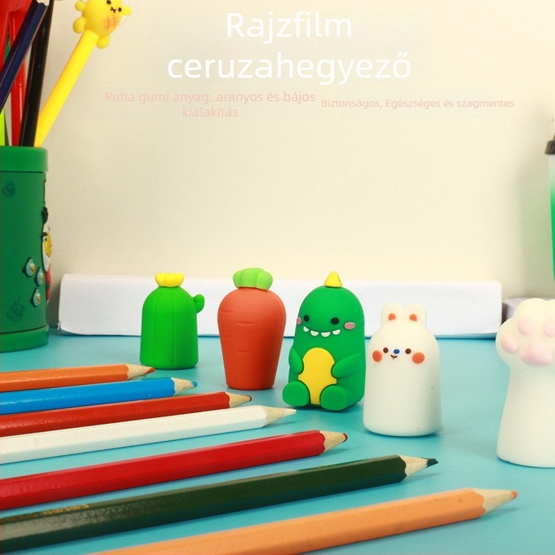Rajzfilmszerű mini ceruzahegyező diákoknak, kézi működtetés, modell 3236, PVC anyag