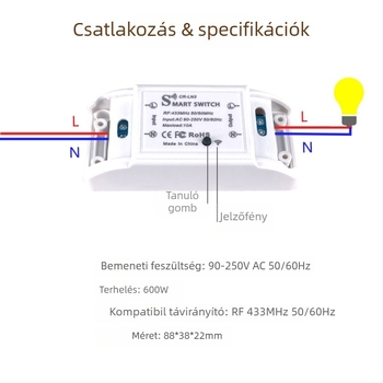 Vezeték nélküli távirányítós világításkapcsoló, 433MHz RF, 220V, öntapadós (433 MHz RF, 220V, vezeték nélküli, öntapadós)