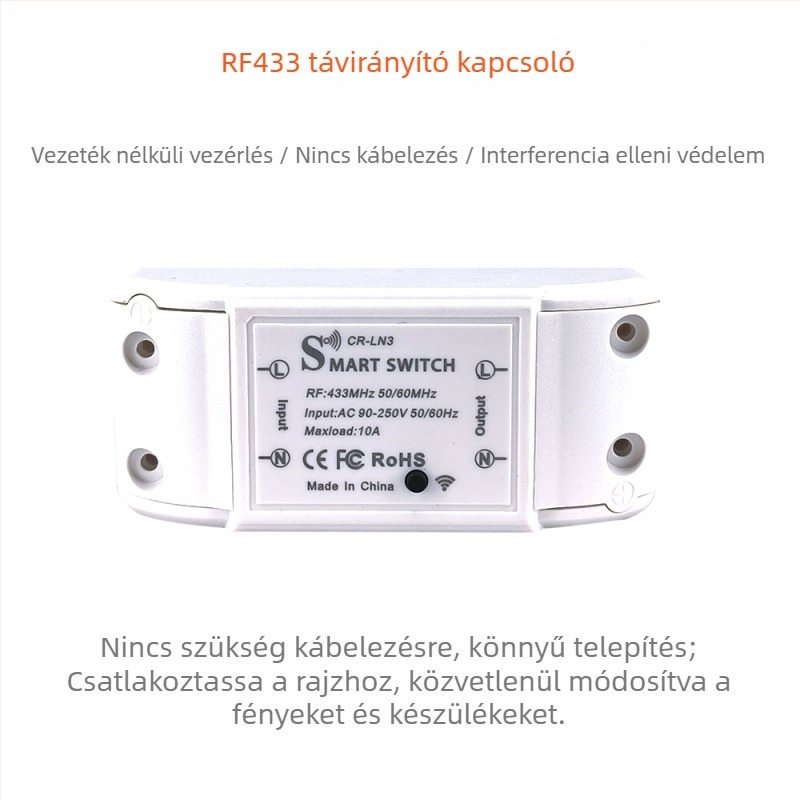 Vezeték nélküli távirányítós világításkapcsoló, 433MHz RF, 220V, öntapadós (433 MHz RF, 220V, vezeték nélküli, öntapadós)