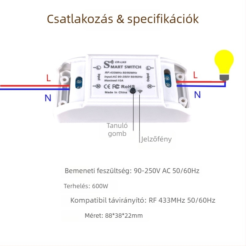 Vezeték nélküli távirányítós világításkapcsoló, 433MHz RF, 220V, öntapadós (433 MHz RF, 220V, vezeték nélküli, öntapadós)