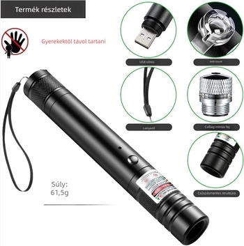 USB-töltésű lézerjelző toll, alumíniumötvözet test, kimenet 50 mW, működési feszültség 3,7 V, kültéri használathoz