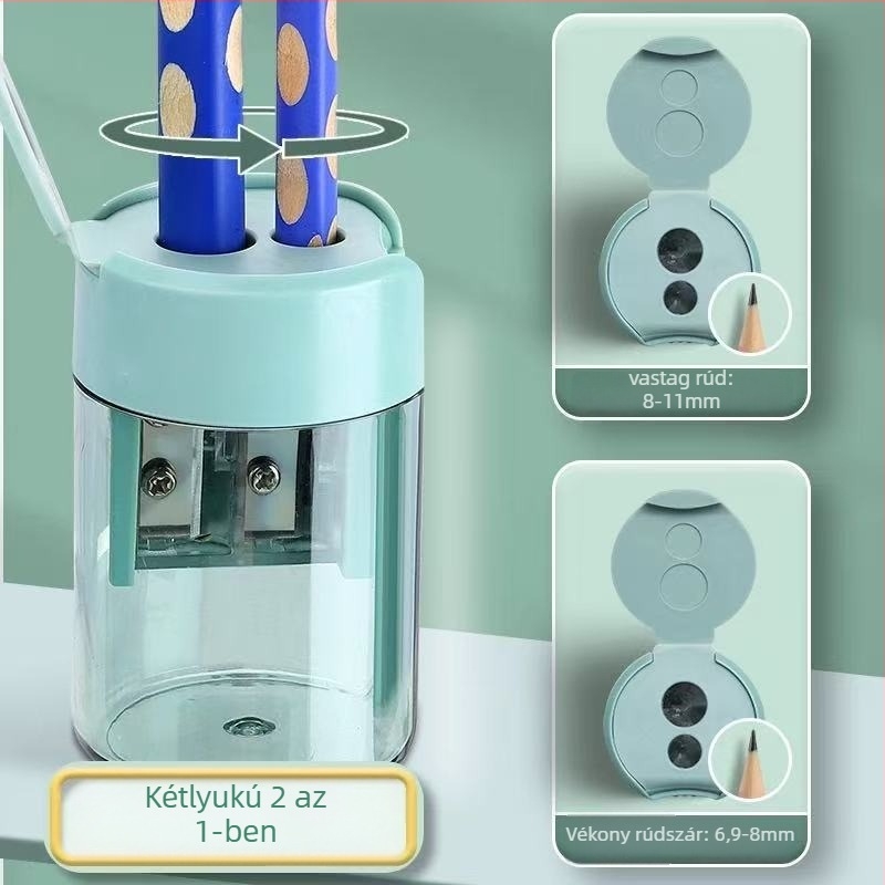 Morning Light APS912D4 ceruzahegyező forgácsdobozzal – kétlyukú, kézi, műanyag, iskolásoknak