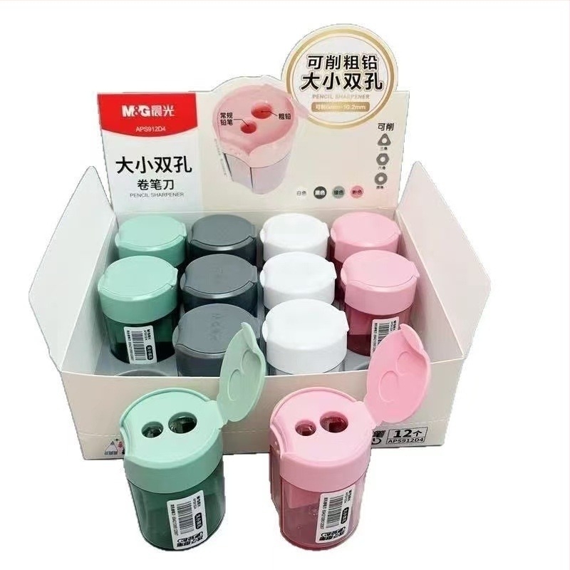 Morning Light APS912D4 ceruzahegyező forgácsdobozzal – kétlyukú, kézi, műanyag, iskolásoknak