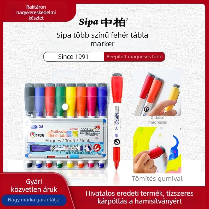 SW599 fehér táblás marker radírral, 8 színű készlet, műanyag test, vonal szélesség 1.5-2.0 mm, Sipa/Zhongbai