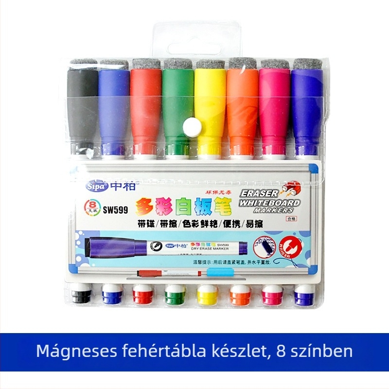 SW599 fehér táblás marker radírral, 8 színű készlet, műanyag test, vonal szélesség 1.5-2.0 mm, Sipa/Zhongbai