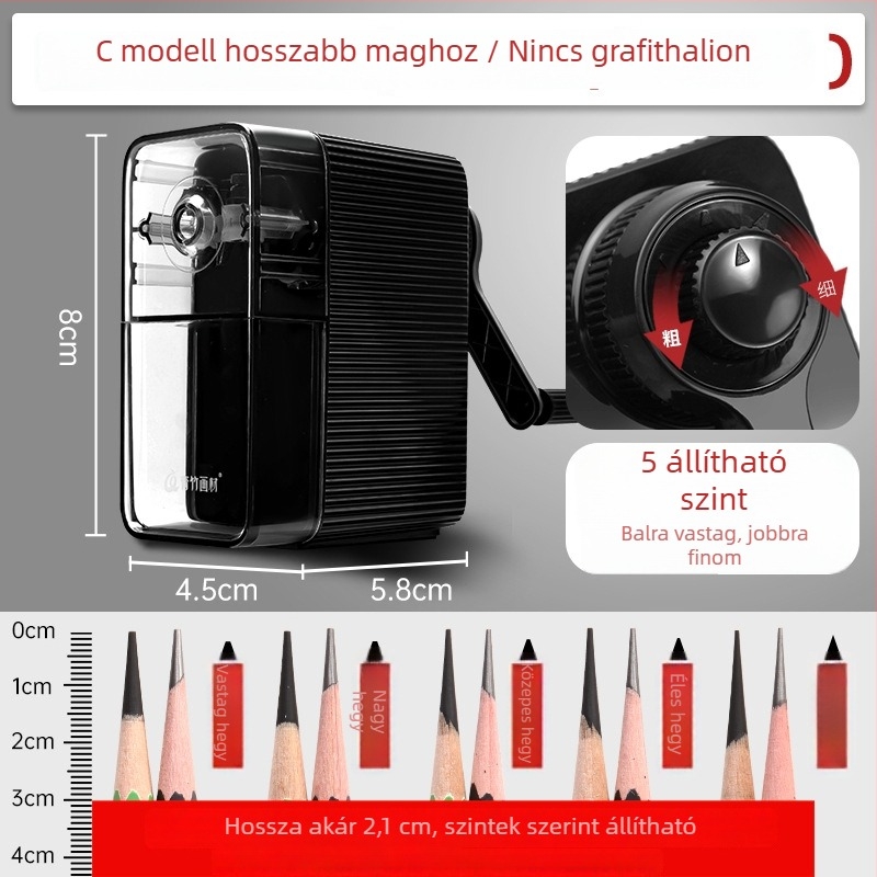 Ceruzahegyező — kézi működtetésű, ABS anyagból, penge hossza 2,1 cm, penge szöge 60°, geometriai forma