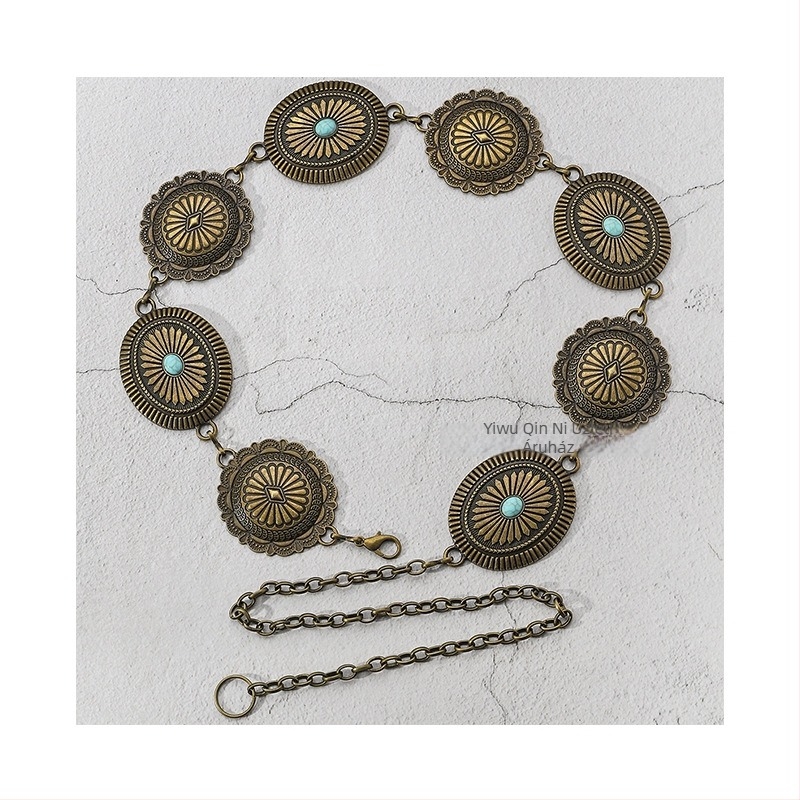 Női deréklánc cinkötvözetből, bojt díszítés, vintage all-match stílus, hossz 105–110 cm, szélesség 2.3–5.2 cm