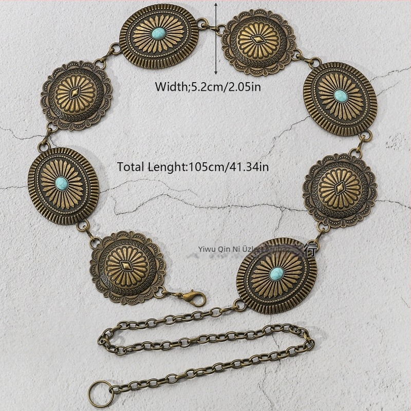 Női deréklánc cinkötvözetből, bojt díszítés, vintage all-match stílus, hossz 105–110 cm, szélesség 2.3–5.2 cm
