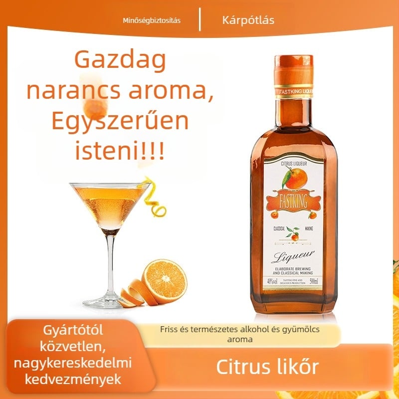 Citrus ízű likőr, alapbor, 40% alkoholtartalom, édes profil