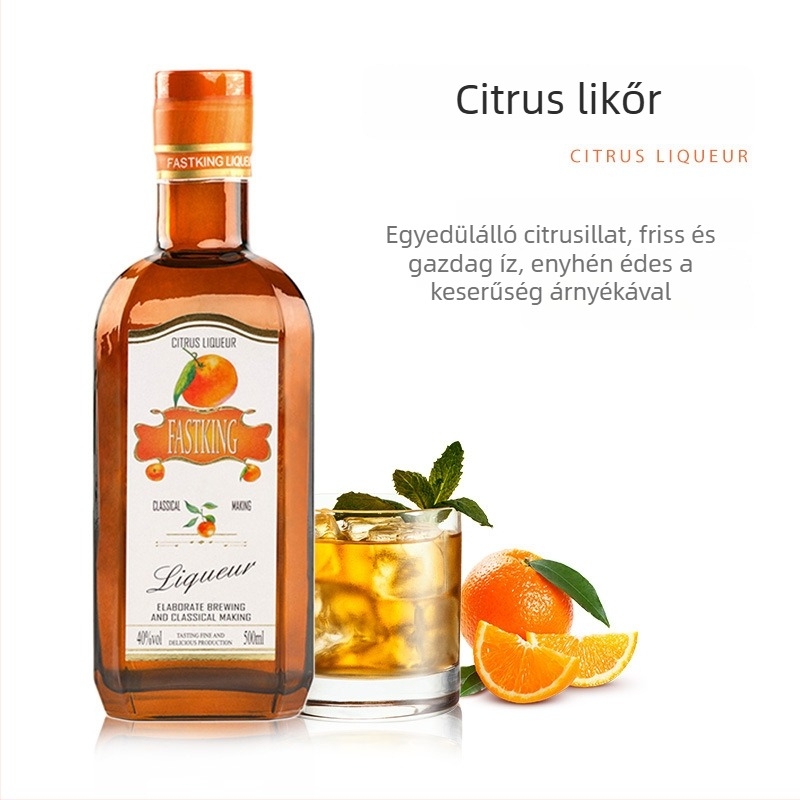 Citrus ízű likőr, alapbor, 40% alkoholtartalom, édes profil