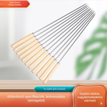 Grillnyársak – lapos profilú rozsdamentes acélból, fa nyéllel, újrafelhasználható, márka Zhenshuai