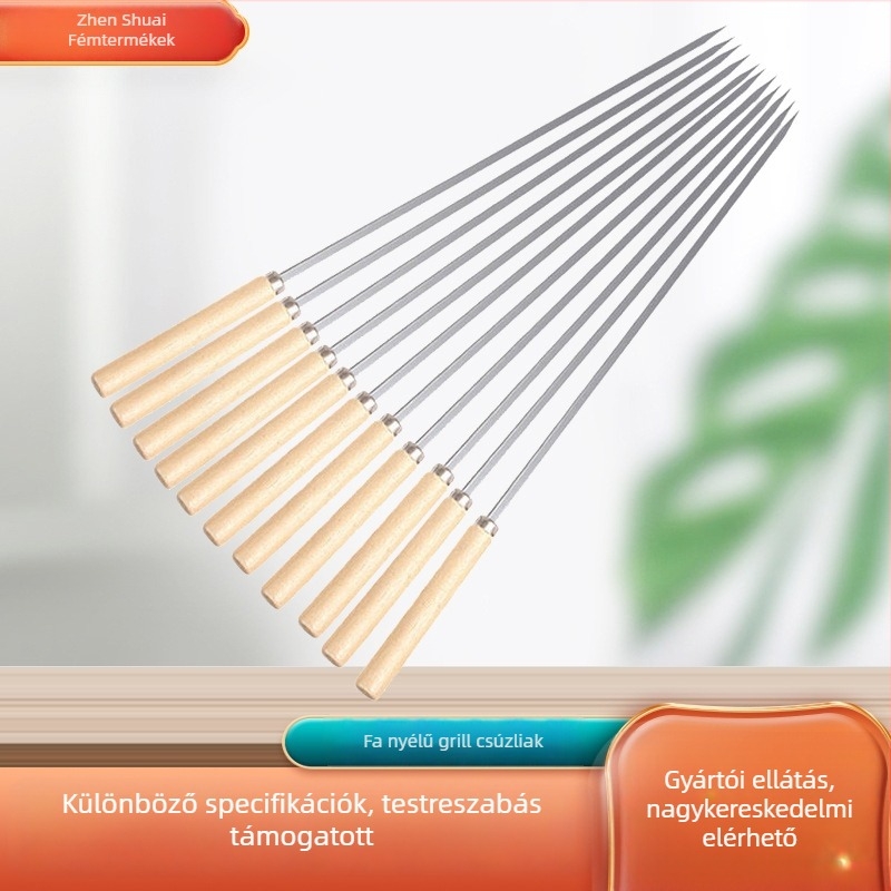 Grillnyársak – lapos profilú rozsdamentes acélból, fa nyéllel, újrafelhasználható, márka Zhenshuai
