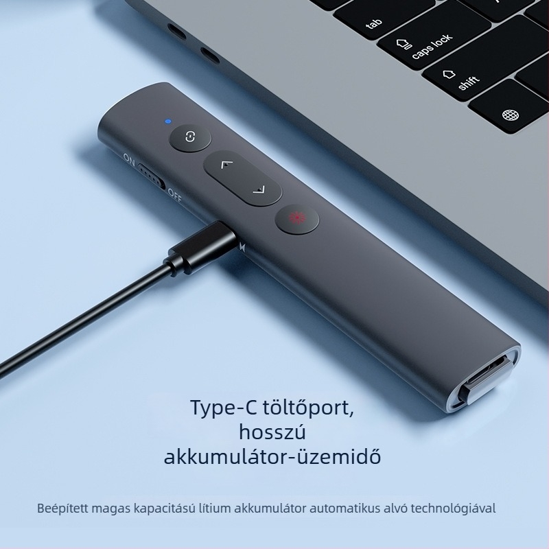 PPT oldalpörgető lézerpointer toll, USB vezeték nélküli prezentációs távirányító, 200 m-es lézeres távolság, 650 nm hullámhossz, 200 mAh akkumulátor