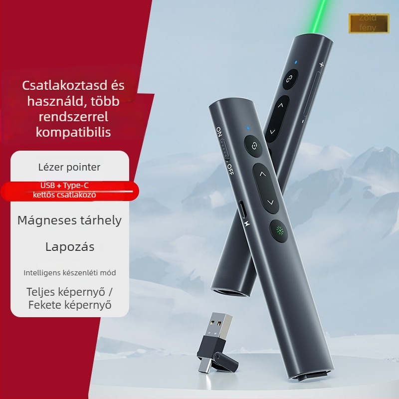 PPT oldalpörgető lézerpointer toll, USB vezeték nélküli prezentációs távirányító, 200 m-es lézeres távolság, 650 nm hullámhossz, 200 mAh akkumulátor