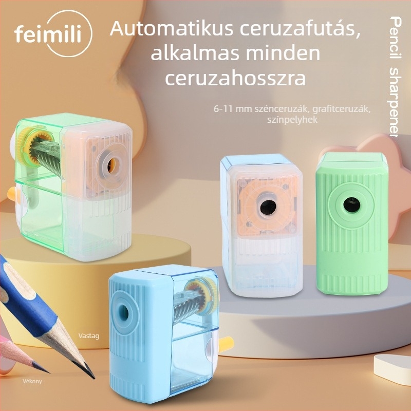 Ceruzahegyező — Femili, műanyag, kézi működtetés, geometriai forma, átlátszó test
