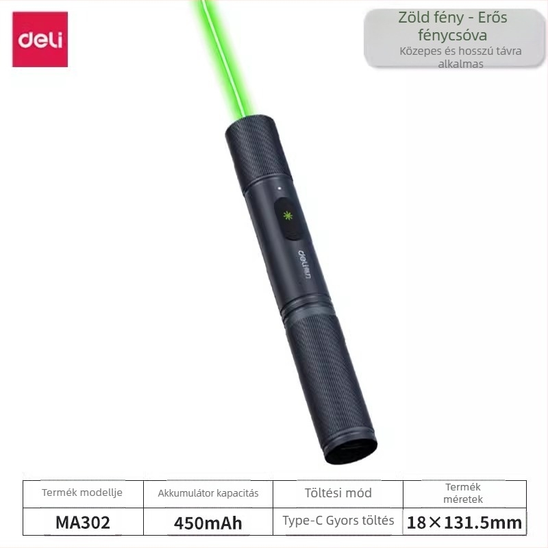 Töltővel működő lézerpointer (200 m hatótávolság, Deli)