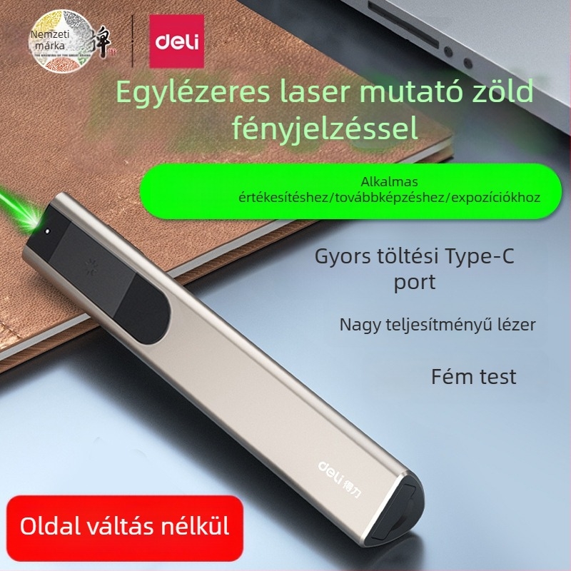 Deli PPT lézer toll távirányítóval multimédiás prezentációkhoz, USB újratölthető, 100 m lézerhatótáv