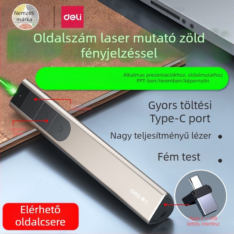 Deli PPT lézer toll távirányítóval multimédiás prezentációkhoz, USB újratölthető, 100 m lézerhatótáv