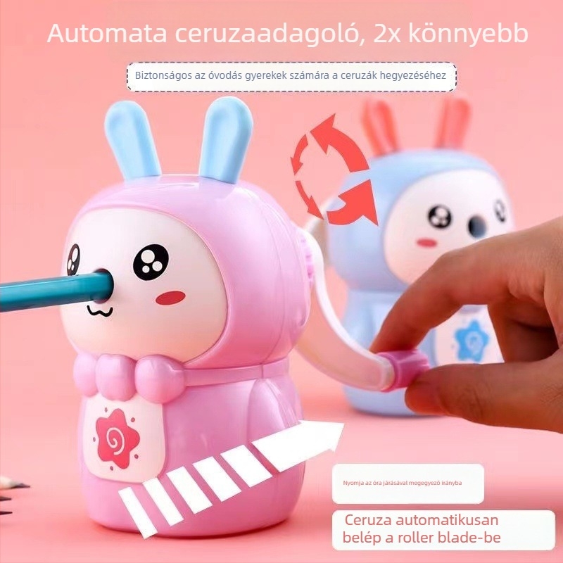 Nyuszi alakú ceruzahegyező kézi hajtású és automatikus adagolóval, modell 7808, műanyag