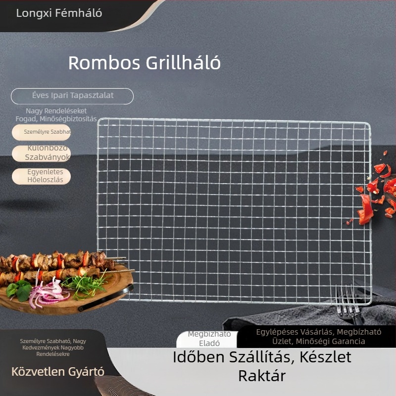 Téglalap alakú grillsütő rács rozsdamentes acélból, négyzetes lyukakkal, sütőben süthető, hús szárítására és grillezésére.