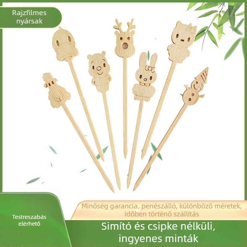 Rajzfilm bambusz nyársak – mini, egyszer használatos, mintázat állati jacquard, gyümölcsökhöz és grillhez, logó nyomtatás elérhető