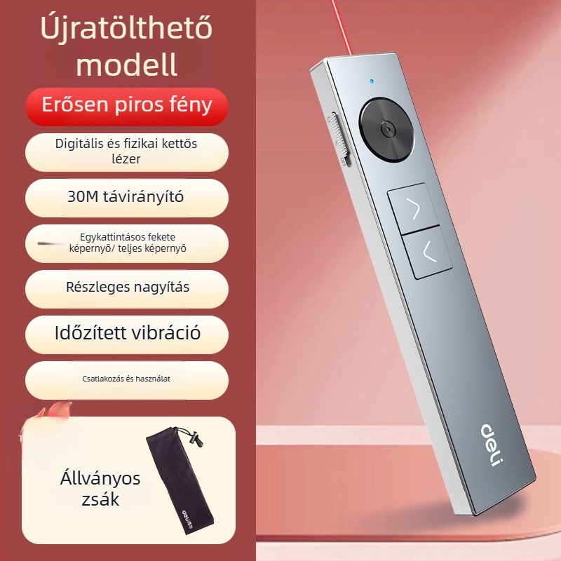 Deli 50682W Oldalfordító toll PPT távirányítóval, nagyító funkcióval, többfunkciós lézer toll, 200 m lézerhatótávolság, 650 nm hullámhossz, újratölthető Li-ion akkumulátor