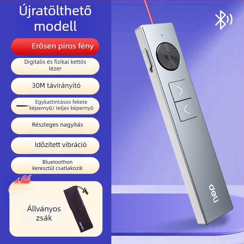 Deli 50682W Oldalfordító toll PPT távirányítóval, nagyító funkcióval, többfunkciós lézer toll, 200 m lézerhatótávolság, 650 nm hullámhossz, újratölthető Li-ion akkumulátor